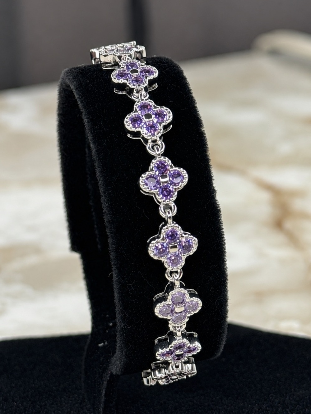Purple Clover Tennis Bracelet | Stainless Steel | Cubic Zirconia | 7” | Gift Box